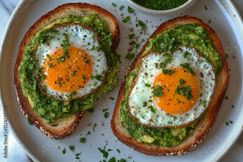 Delicious Avocado Toast Topped With Fried Eggs Served on a White Plate