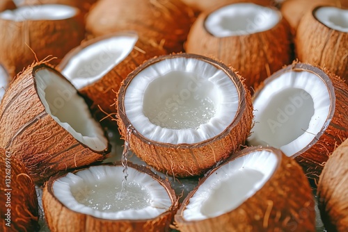 Freshly Cracked Coconuts Surrounded by Their Shells at a Tropical Market Display