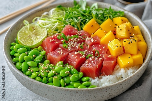 Fresh Sushi Bowl With Tuna, Mango, and Edamame Served in a Stylish Ceramic Dish