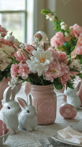 Spring Celebration With Flowers, Bunny Decorations, and Pastel Eggs on a Sunn...