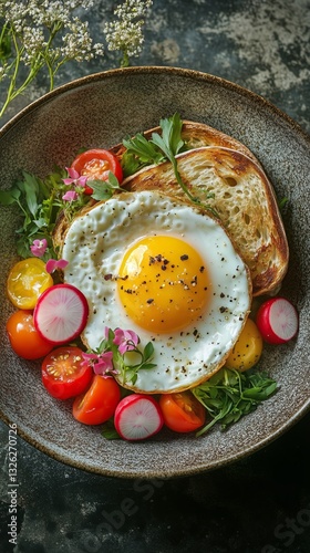 Breakfast Plate With Fried Egg, Tomatoes, and Radishes Arranged Attractively ...