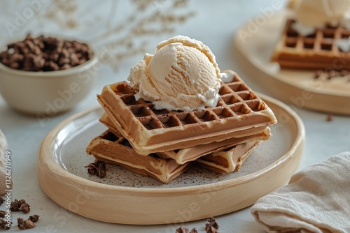 Delicious Waffles Stacked With Creamy Ice Cream Served on a Decorative Plate