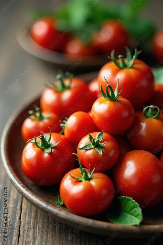 Plump, juicy red tomatoes overflowing a rustic plate , ingredient, photography, macro Plump, juicy red tomatoes overflowing a rustic plate , ingredient, photography, macro