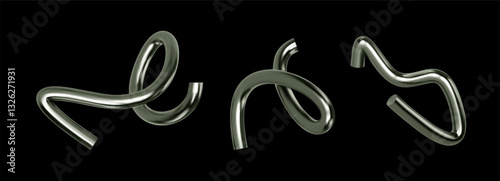 3d chrome spiral. Abstract line shape. Render silver element fluid. Silver metal wave twisted figure isolated. Vector realistic illustration for futuristic design