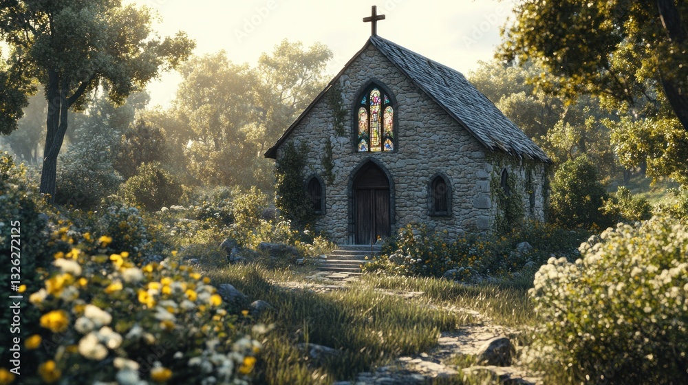Enchanted Forest Chapel with Stained Glass and Sunlit Pathway Enchanted Forest Chapel with Stained Glass and Sunlit Pathway