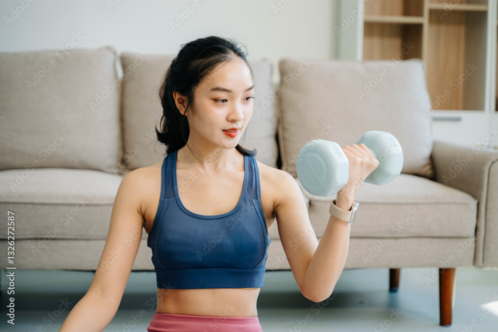 A young woman practices yoga and stretching with a mat and gym props, showcasing wellness, motivation, A young woman practices yoga and stretching with a mat and gym props, showcasing wellness, motivation,
