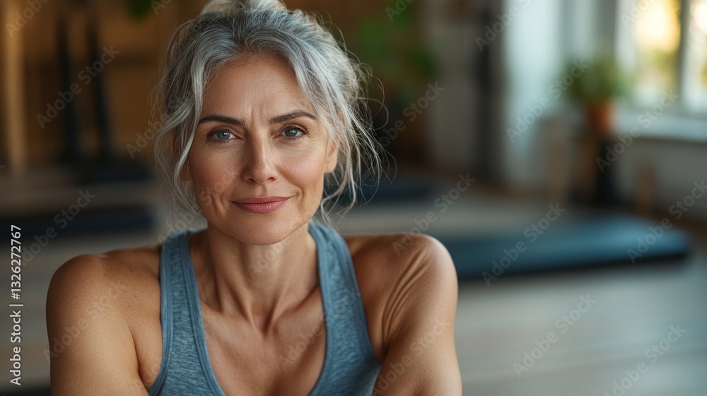 A middle-aged woman engages in pilates practice within her bright home studio, her face showing determination. Surrounding exercise equipment enhances the workout atmosphere A middle-aged woman engages in pilates practice within her bright home studio, her face showing determination. Surrounding exercise equipment enhances the workout atmosphere