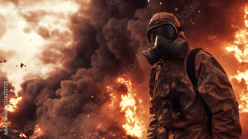 Man in protective suit and gas mask against apocalypse background photo