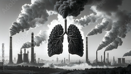 Industrial chimneys emitting thick smoke resembling human lungs over a polluted urban landscape, symbolizing the impact of pollution on health