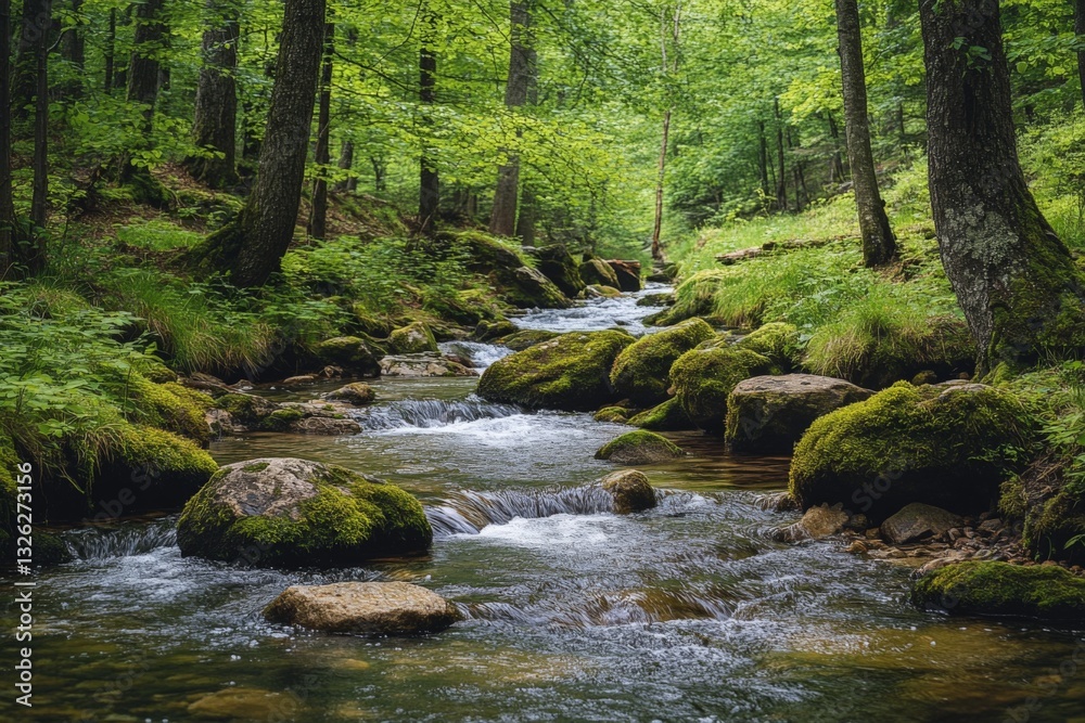 Serene forest stream flows gently through lush greenery in a peaceful natural setting Serene forest stream flows gently through lush greenery in a peaceful natural setting