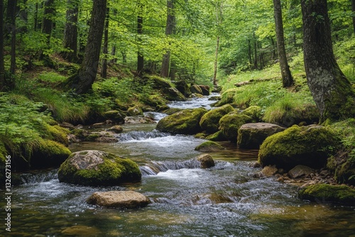 Serene forest stream flows gently through lush greenery in a peaceful natural setting