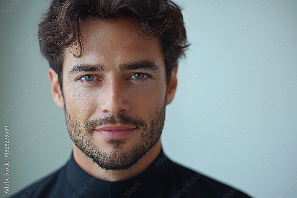 Fototapeta premium Handsome man with dark wavy hair and stubble looking at the viewer with a slight smile against a plain background.