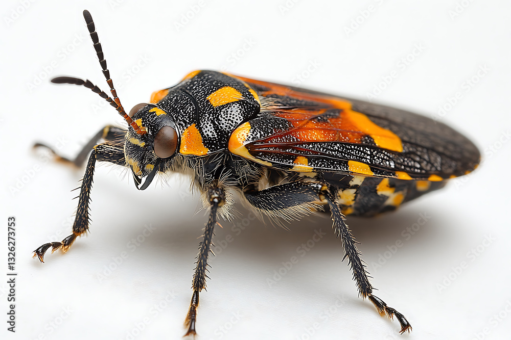 Close-up of a black orange and yellow bug featuring intricate patterns and hairy legs against a plain white background. Close-up of a black orange and yellow bug featuring intricate patterns and hairy legs against a plain white background.