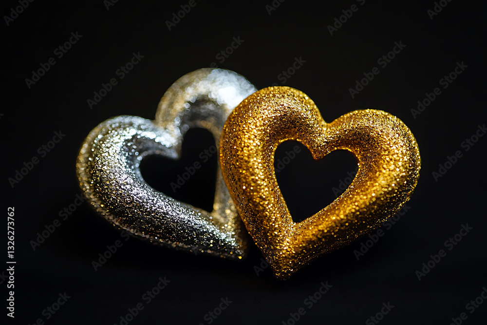 Obraz premium Glittering gold and silver heart ornaments intersect against a dark contrasting background.
