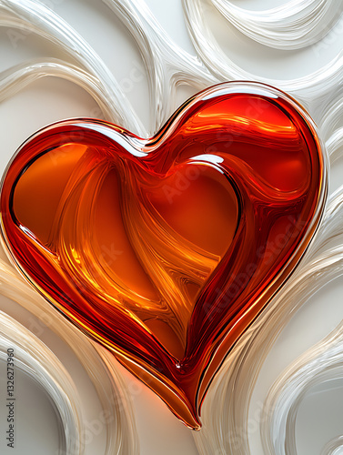 Luminous red heart sculpture with internal swirling strands set against a flowing textured white background evoking feelings of love and art.