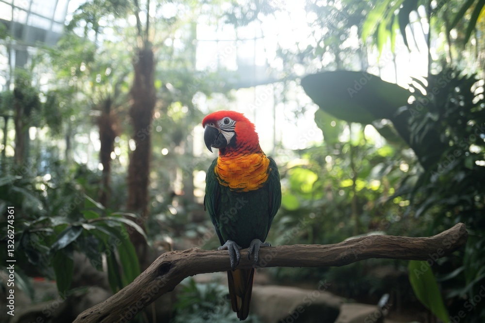 Obraz premium Colorful macaw perched on a branch in a tropical indoor garden setting with vibrant greenery