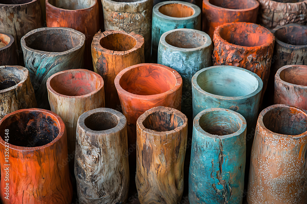 A collection of hollowed tree trunks stained in shades of orange blue and natural wood tones arranged in a dense rustic pattern. A collection of hollowed tree trunks stained in shades of orange blue and natural wood tones arranged in a dense rustic pattern.