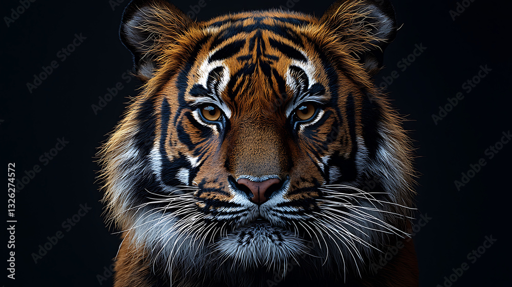 Fototapeta premium Striking portrait of a tiger showcasing its intense gaze rich colors and detailed fur against a stark black backdrop.