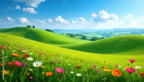 Rolling green hills, vibrant wildflowers, clear blue sky, beauty, beautiful, colorful