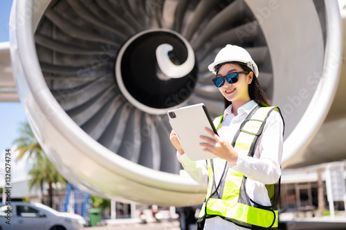 Female aviation engineer in safety gear inspecting an airplane engine, embodying professionalism photo