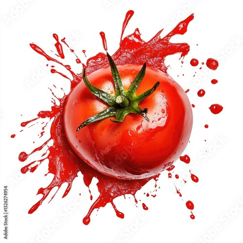 Juicy Tomato Smash: Vivid Red Splatter on White Background, Creating a Bold Ketchup Effect