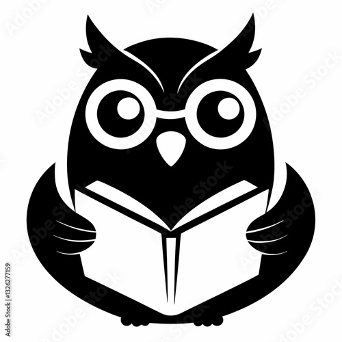 Black owl reading book vector logo  on white background.