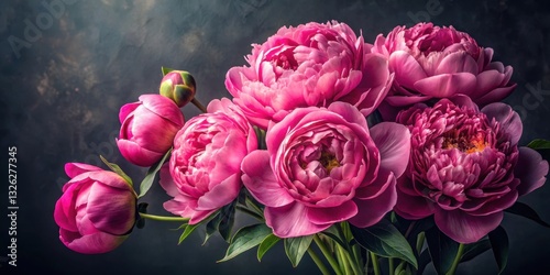 Fototapeta Naklejka Na Ścianę i Meble -  Vibrant pink peonies with intricate details and realistic textures against a dark background, showcasing their delicate petals and stamens, floral, bouquet