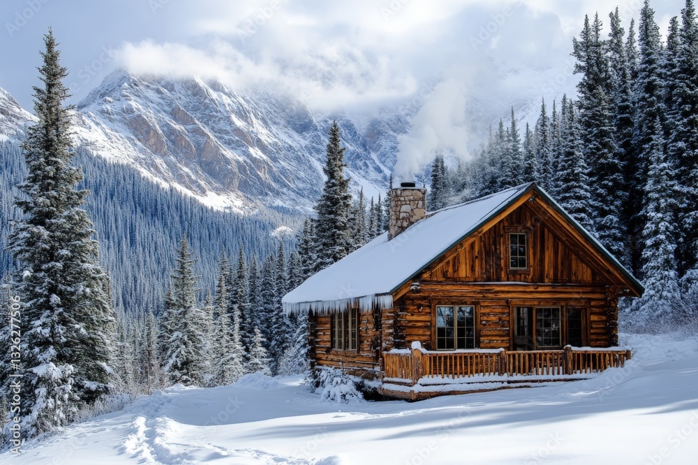 Cozy log cabin nestled in snowy mountains with smoke rising from the chimney Cozy log cabin nestled in snowy mountains with smoke rising from the chimney