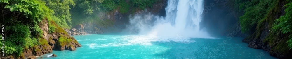 Naklejka premium Powerful waterfall plunges into vibrant turquoise pool, pristine, river, dramatic