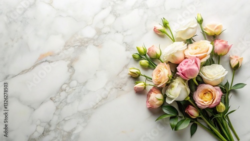 Elegant Floral Flat Lay: Clean Marble Background with Copy Space