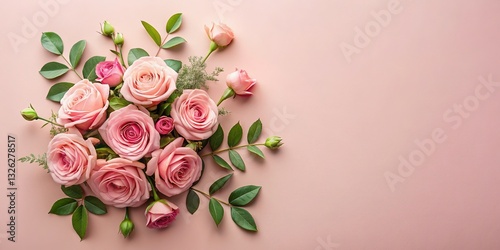 Elegant Floral Arrangement Flat Lay with Copy Space -  Pink Roses and Green Leaves
