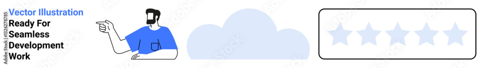 Man gesturing toward a centered cloud and five-star rating bar. Ideal for service promotion, customer feedback, tech solutions, digital marketing, product reviews, presentations, flat landing page Man gesturing toward a centered cloud and five-star rating bar. Ideal for service promotion, customer feedback, tech solutions, digital marketing, product reviews, presentations, flat landing page