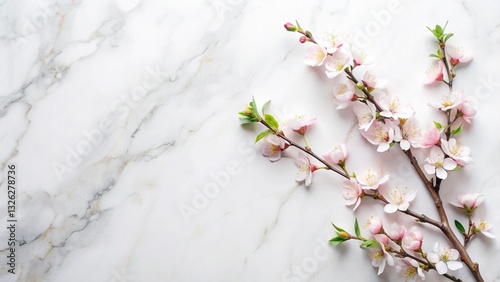 Feminine Blossom Branch Flat Lay on Marble - Spring Stock Photo