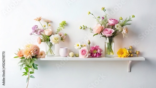 Feminine Floral Flat Lay: Blooming Flowers on White Shelf, Copy Space