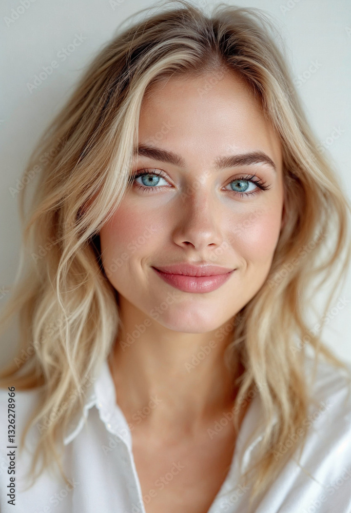 A confident blonde woman with blue eyes and radiant skin, smiling in a white blouse.
A confident blonde woman with blue eyes and radiant skin, smiling in a white blouse.