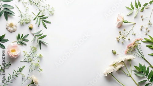 Flat Lay Feminine Nature Fresh Botanicals White Background Copy Space