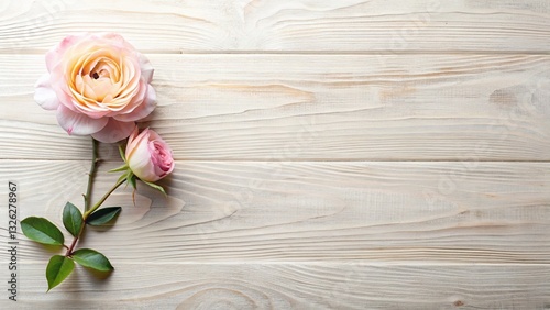 Flat Lay Feminine Bloom Design on Rustic Wood, Copy Space