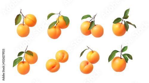 Pack Apricot Fruit Set in Different Poses Against Transparent Background for Organic Food Promotion, Summer Branding, or Culinary Illustration