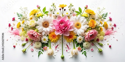 Fresh Bloom Drip: Symmetrical Flat Lay with Splash Effect - White Background