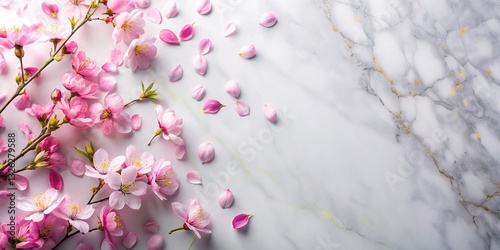 Fresh Cherry Blossoms Flat Lay: Splash of Pink Petals on Marble