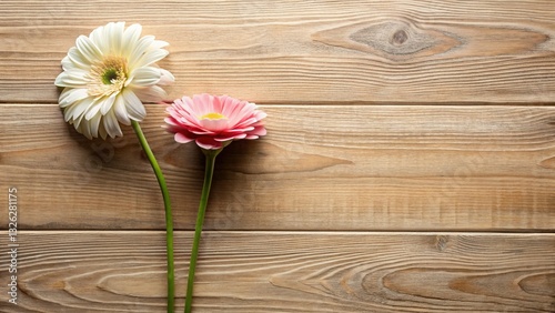 Luxury Minimalist Flower Pair Flat Lay Stock Photo - Wooden Texture Background