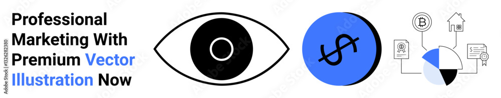 Eye graphic, dollar sign in blue circle, and analytic charts highlighting marketing, profit, and data exchange. Ideal for business strategy, advertising, ROI planning, creative design brand Eye graphic, dollar sign in blue circle, and analytic charts highlighting marketing, profit, and data exchange. Ideal for business strategy, advertising, ROI planning, creative design brand