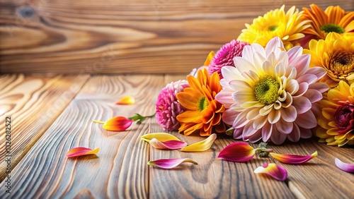 Modern Petal Arrangement: Flat Lay Wooden Texture Stock Photo