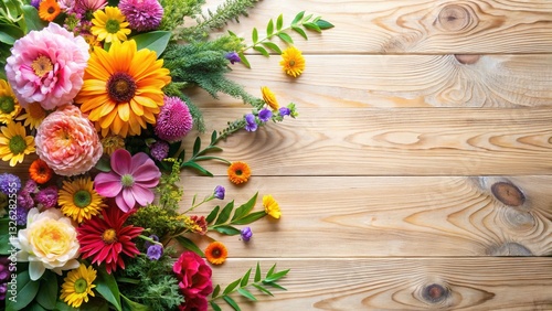 Modern Garden Fest Flat Lay: Wooden Texture Background with Floral Arrangement