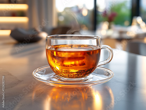 a clear glass teacup filled with amber-colored tea, placed on a glass saucer on a wooden surface. The background is softly blurred, featuring warm lights and greenery