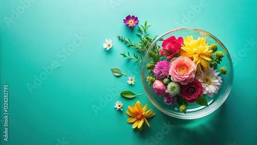 Nature's Embrace: Flat Lay Glass & Botanicals on Teal Background