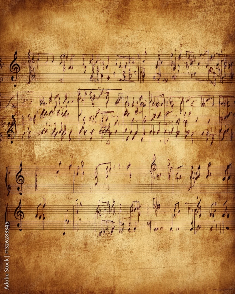 Fototapeta premium Vintage musical score on aged parchment paper showcasing classical composition with handwritten notes and staves