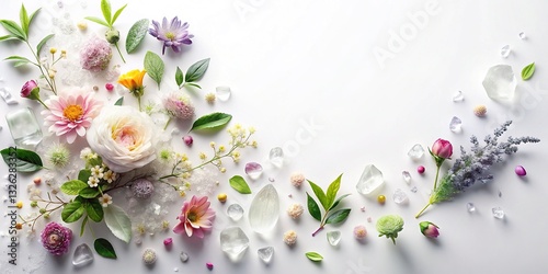 Pure Earth Elements:  Flat Lay Feminine Botanicals & Crystals on White Background