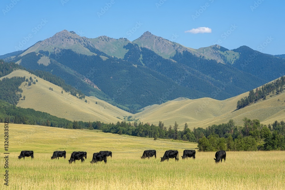 Cattle grazing in a lush green valley surrounded by mountains during a clear sunny day Cattle grazing in a lush green valley surrounded by mountains during a clear sunny day