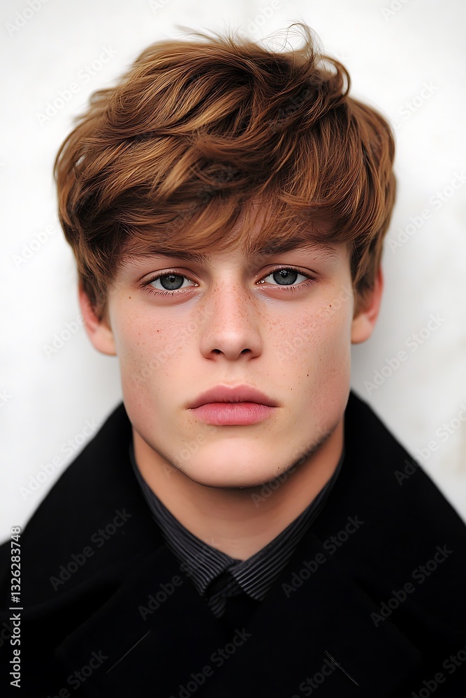 Young Man with Wavy Auburn Hair Close Up Portrait Expression Handsome Face Monochrome Attire Fashion Young Man with Wavy Auburn Hair Close Up Portrait Expression Handsome Face Monochrome Attire Fashion
